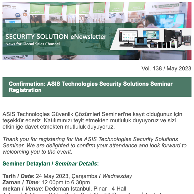Confirmation: ASIS Technologies Security Solutions Seminar Registration