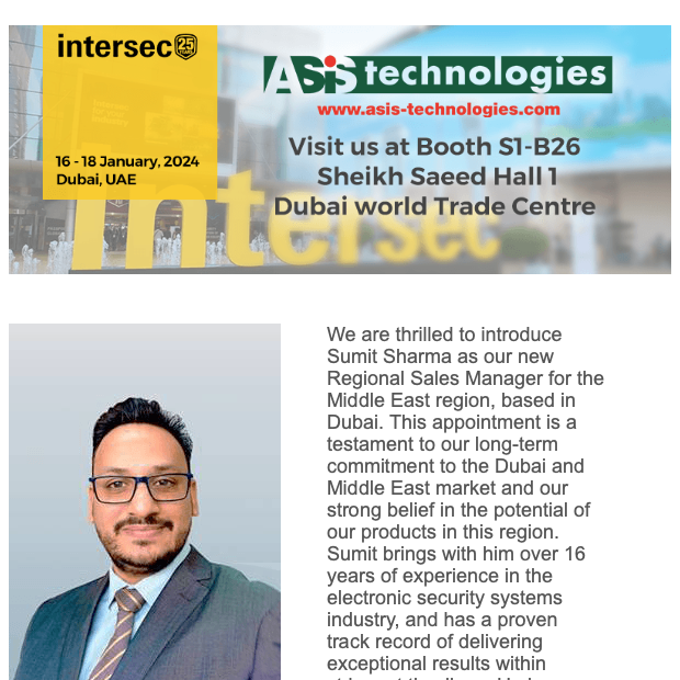 ASIS Technologies appoints Sumit Sharma as Regional Sales Manager for the Middle East